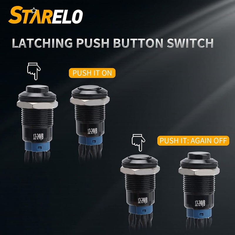 STARELO 5pcs 12mm Latching led Push Button Switch Black Shell with pre-Wiring, IP65 Waterproof Push Button Switch,1NO 1 Normally,Self-Locking with LED(Blue). - Image 5